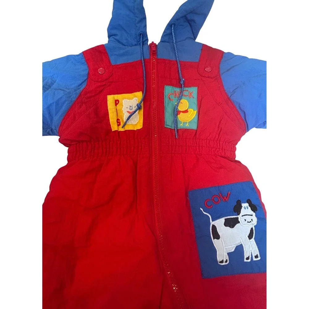 Casual Time Vintage Baby Snowsuit Red Blue Farm Animal Bunting 12 Months Hooded